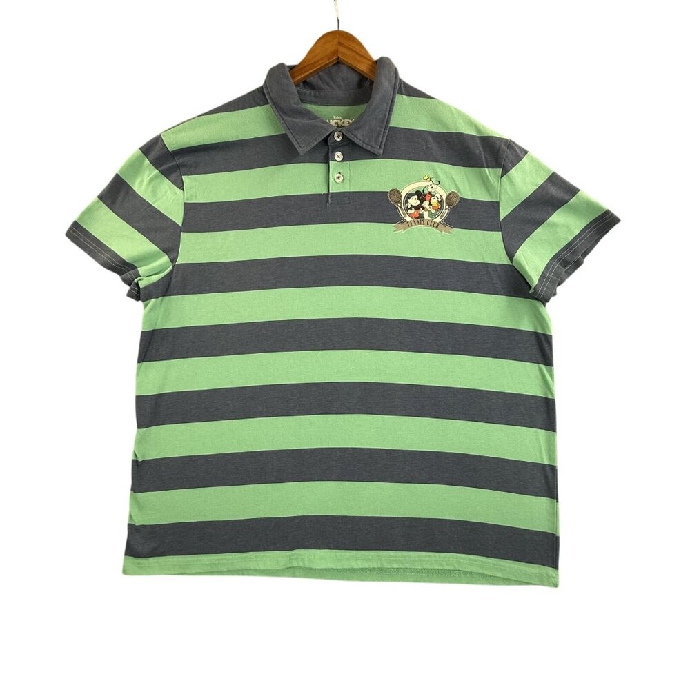 Disney Mickey and Friends Polo Shirt Mens 2XL Green Blue Striped Tennis Club